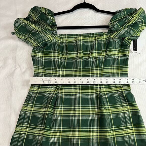 BP Green Yellow Plaid Academia Preppy‎ Puff Sleeve Mini Dress - Picture 4 of 9